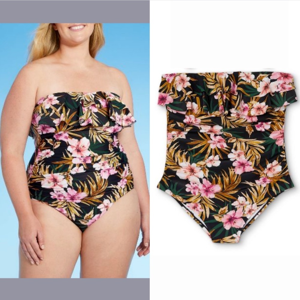 NEW Kona Sol [ 18W ] Double Flounce Front Floral One Piece Swimsuit‎